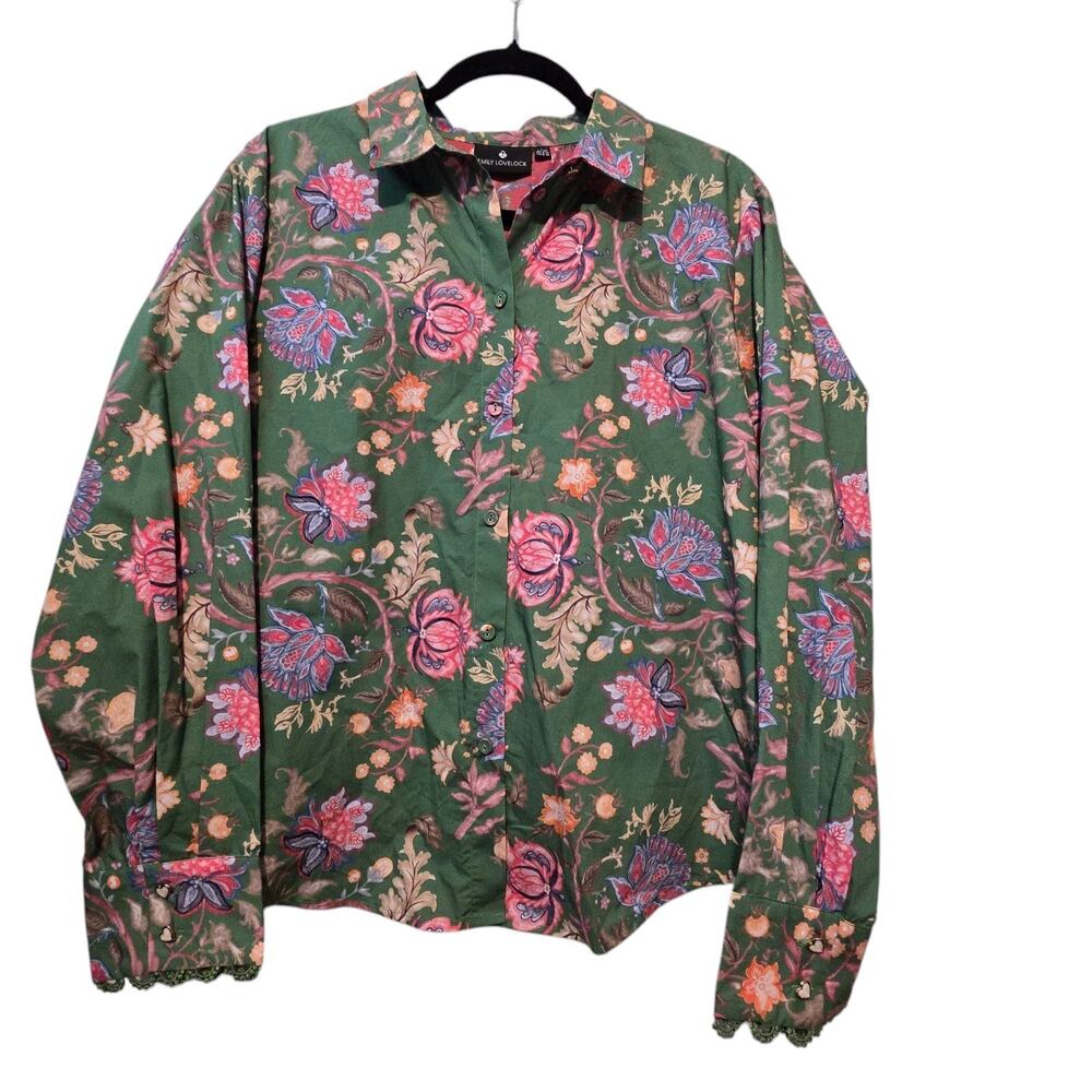 Emily Lovelock Women Floral Tanisha Shirt US LG 8-10 Organic Cotton Boho Cottage